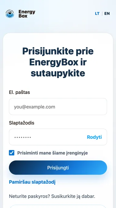 EnergyBox mobiliosios aplikacijos ekrano vaizdas